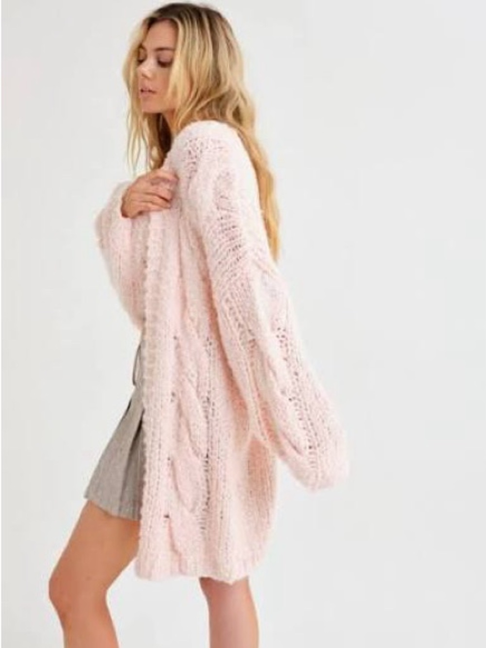 NWT! Rumored Aspen Cardigan Blush Pink Open-Front Cable Knit Cardigan